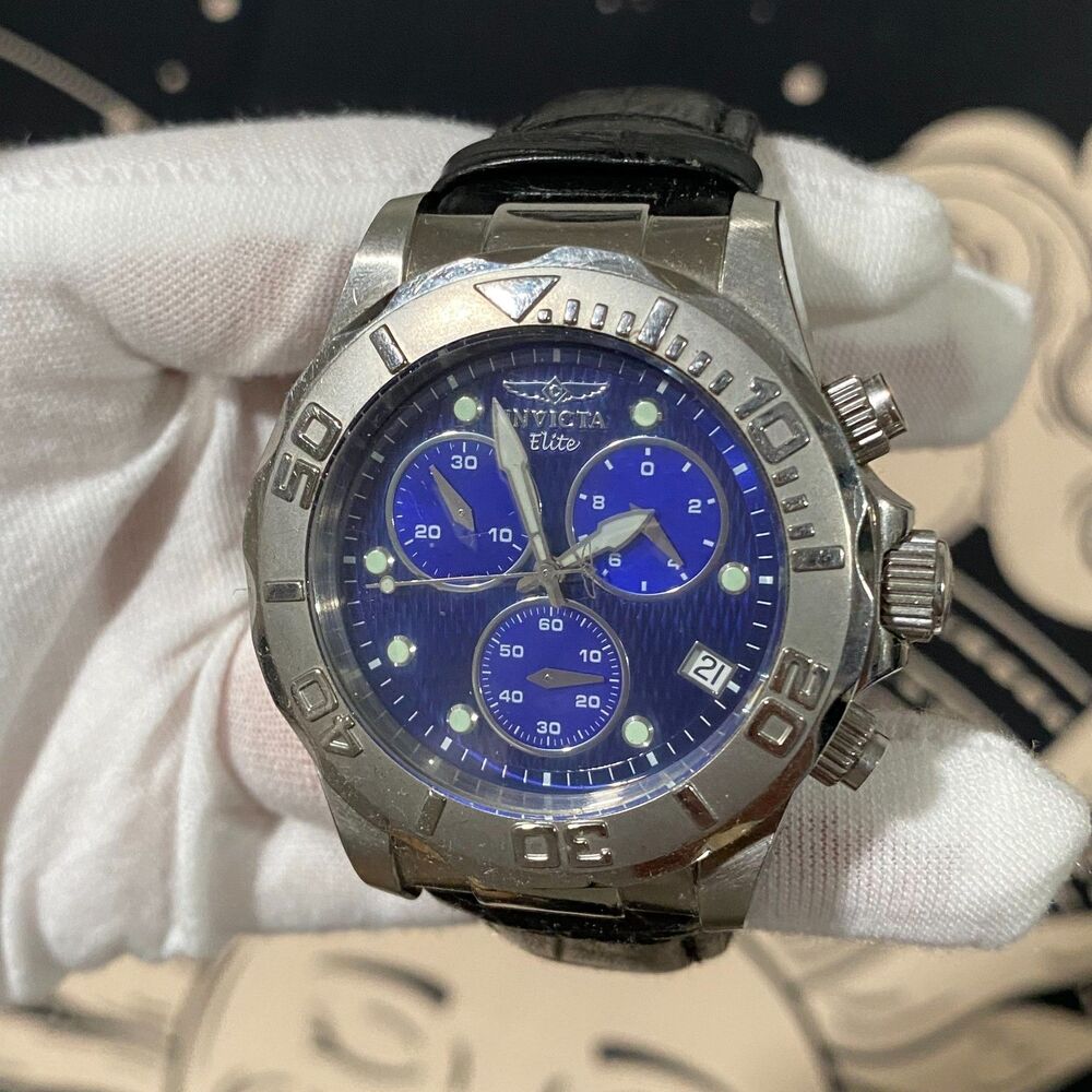 Invicta Pro Diver Elite 1717 Black Leather Strap Chronograph Quartz Men's Watch